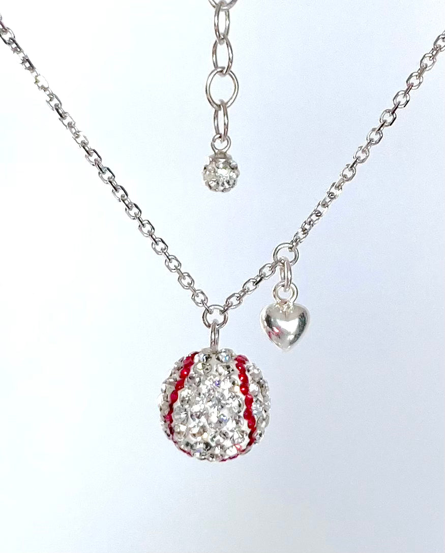 baseball softball pendant necklace with red and white crystals and heart charm
