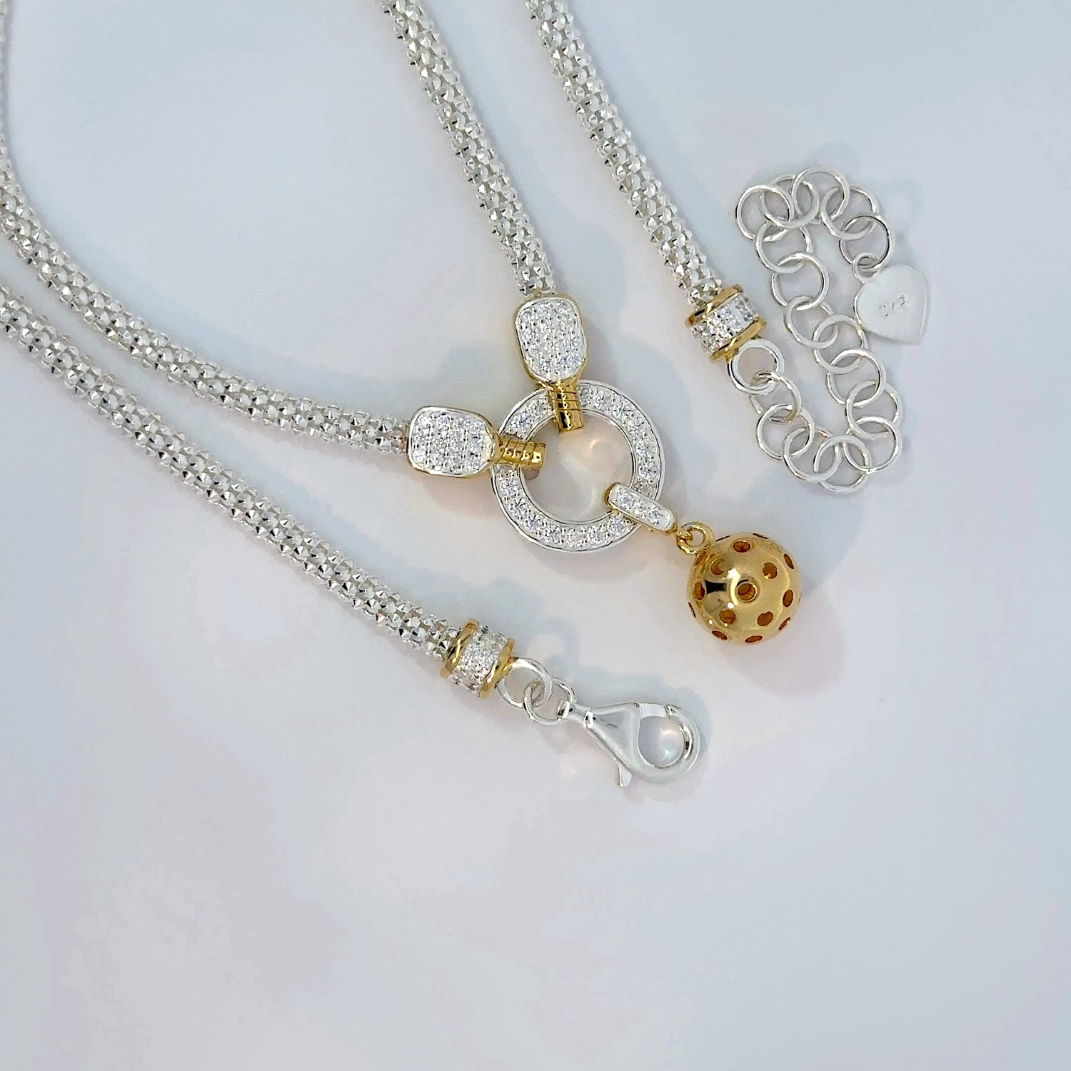 luxury pickleball necklace, silver, gold