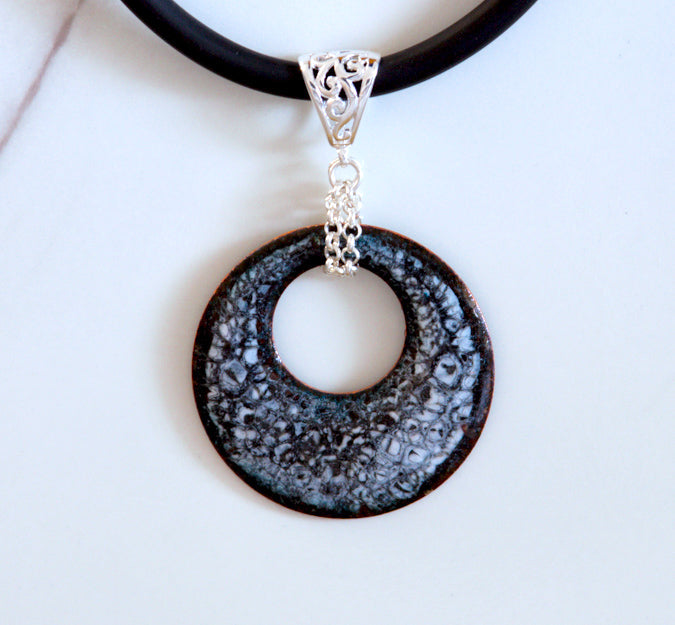 Black and grey speckled round vitreous enamel necklace with silver bail and black rubber cord
