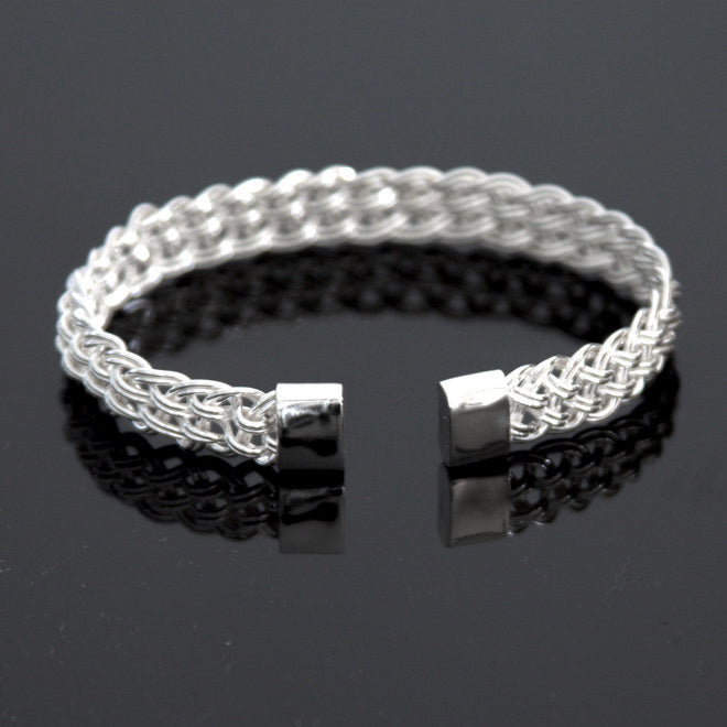 Braided Woven Cuff Bracelet for arthritic hands. Handmade in sterling silver