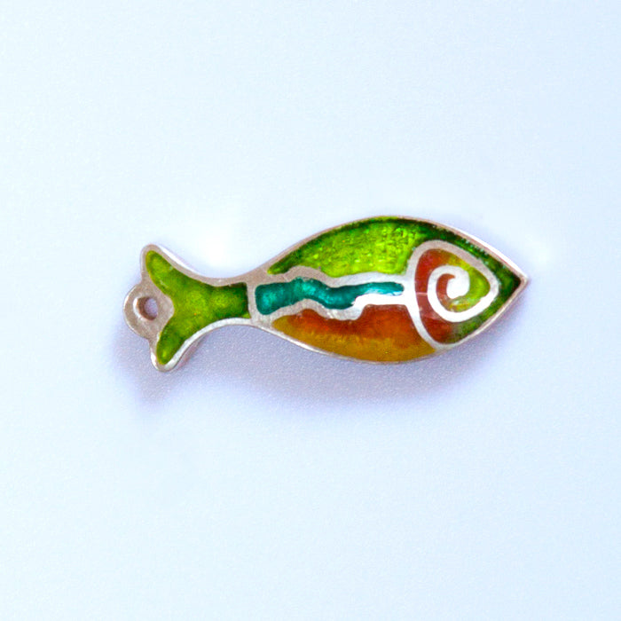 Champleve enamel folk art fish pendant with red orange belly, green back and Crystal Lake in Benzie County shown on its side
