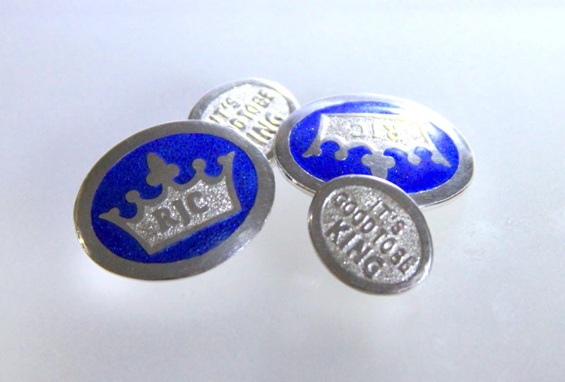 It's Good To Be King Champleve' Crown Cuff Links in blue and silver
