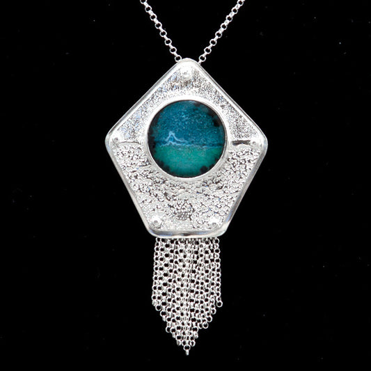 Reef Break Ocean Wave enamel pendant in aqua, teal, blue with white impressionistic wave. Set in silver with fringe
