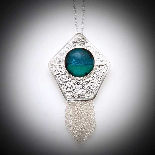 Reef Break Ocean Wave enamel pendant in aqua, teal, blue with white impressionistic wave. Set in silver with fringe
