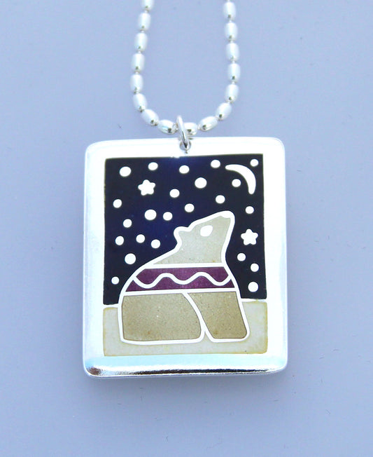 Stargazer bear enamel pendant necklace with bear sitting on ground, looking at moon and night sky filled with stars