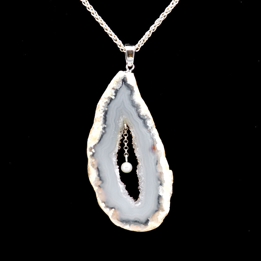 back view of agate necklace with pearl