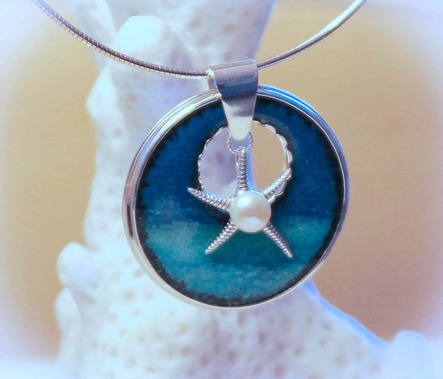 Beach handmade enamel pendant necklace in fine silver, blue and aqua ocean, sea or lake water with starfish and pearl charm