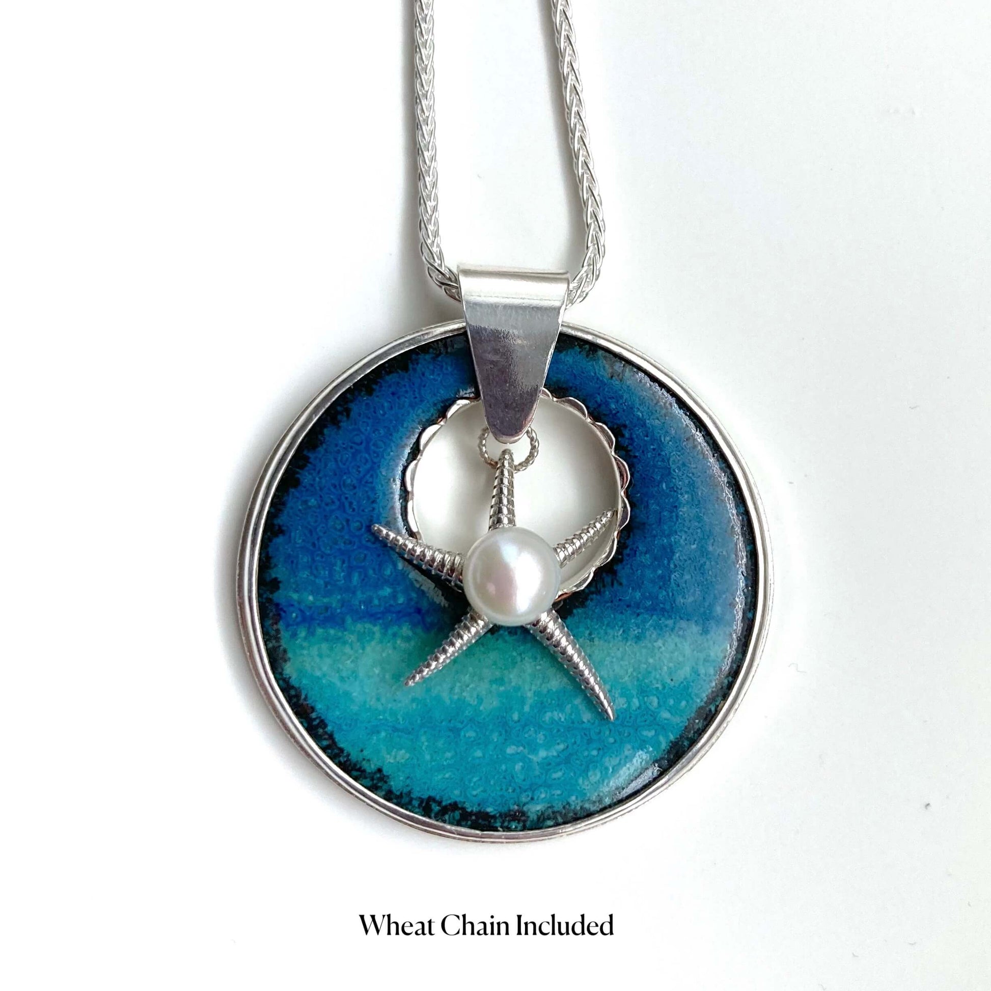 beach handmade enamel pendant necklace with pearl and starfish charm, blue and aqua ocean, sea or lake water