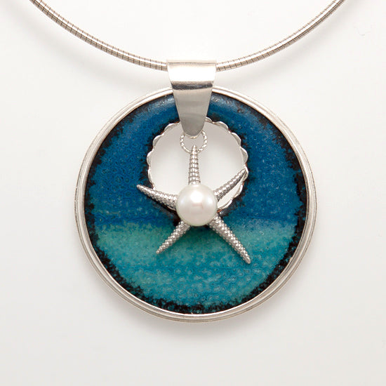 custom beach enamel pendant necklace in fine silver, blue and aqua ocean, sea or lake water with starfish and pearl charm