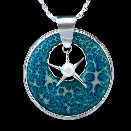 coral reef enamel pendant necklace with silver pearl charm