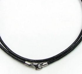 Black leather cord necklace with sterling silver lobster clasp.