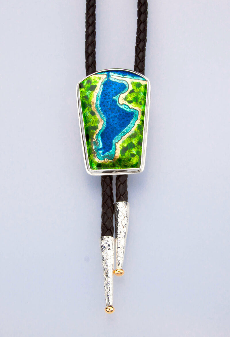 portage lake enamel bolo tie shoestring necklace with black braided leather cord, set in silver