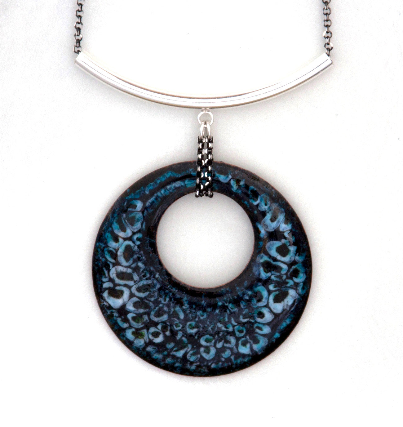 turquoise white black round enamel pendant, sterling silver bail black ruthenium plated sterling silver chain