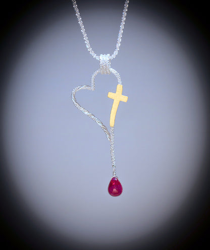 Veterans freedom heart pendant necklace with gold cross and genuine ruby briolette