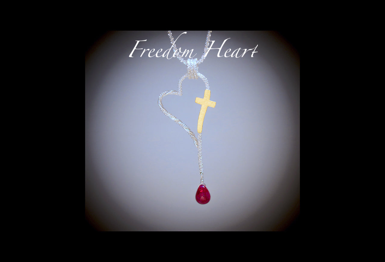 freedom heart pendant necklace of sterling silver, 24K gold and ruby briolette made to help support veterans