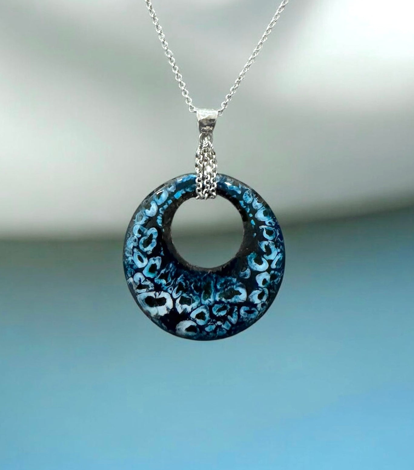 Turquoise and Black Enamel Pendant Necklace ~ 1.5"