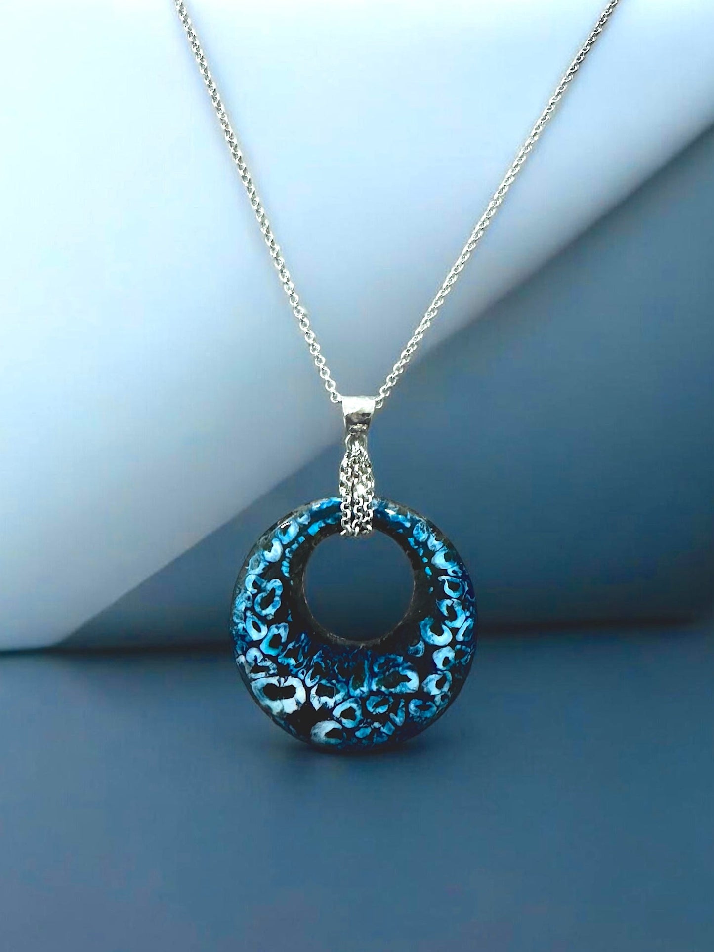 Turquoise and Black Enamel Pendant Necklace ~ 1.5"