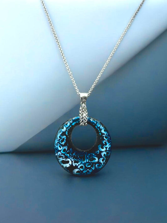Turquoise and Black Enamel Pendant Necklace ~ 1.5"