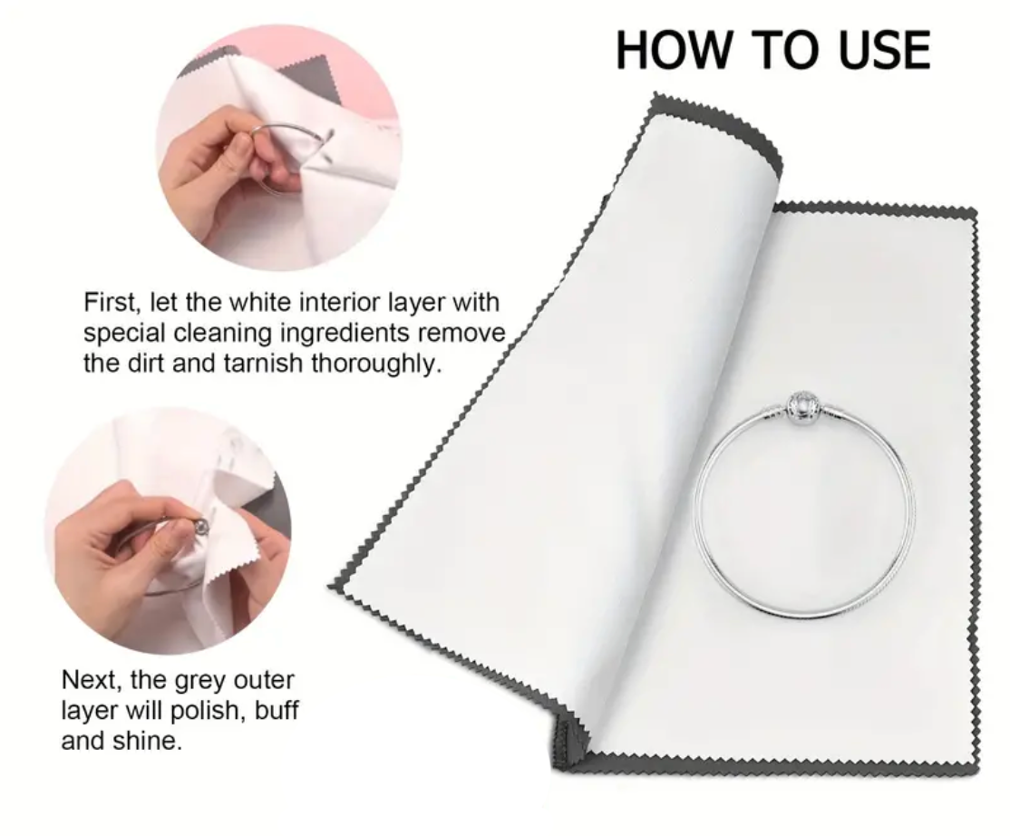 Instructions on how to use a jewelry cleaning cloth with a silver ring on it.