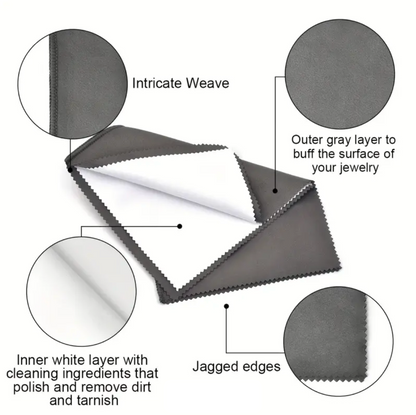 Jewelry cleaning cloth with labeled layers on a white background