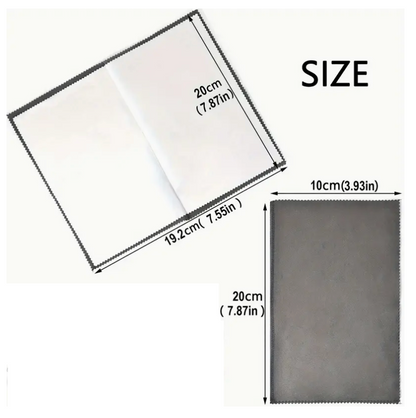 Measurement chart showing dimensions of a rectangular mirror and a square cleaning cloth.
