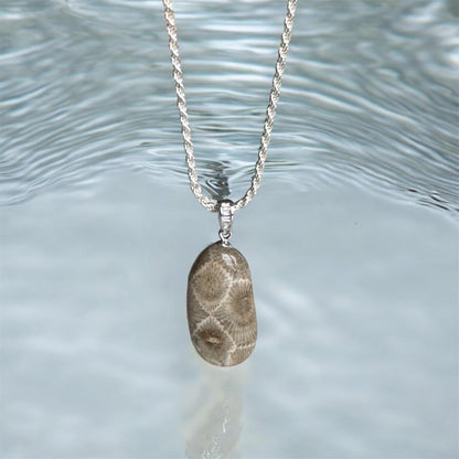 Petoskey stone necklace hanging over water