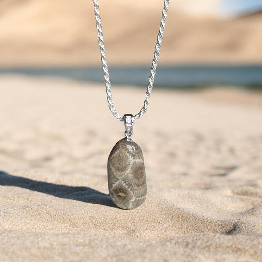 Necklace with a Petoskey stone pendant on a sandy beach
