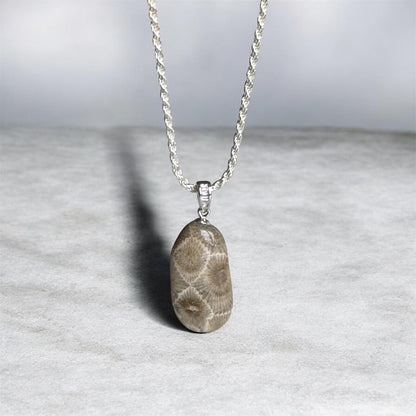 Necklace with a Petoskey stone pendant on a light gray background