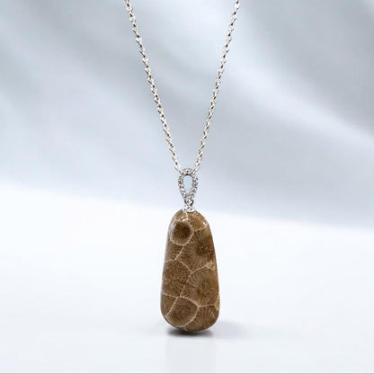 Petoskey stone pendant hanging on a sterling silver cable chain with white background