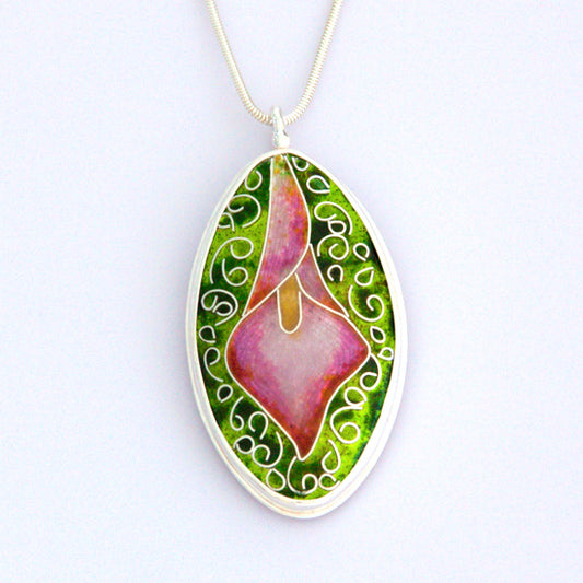 Handmade pink calla lily cloisonne enamel pendant necklace with various shades of green in the background. Set in fine silver.