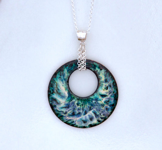 Green, Cream, Lavender and Black Vitreous Enamel Pendant Necklace hung on silver chain