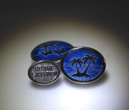Vitreous enamel cufflinks with palm trees and blue enamel