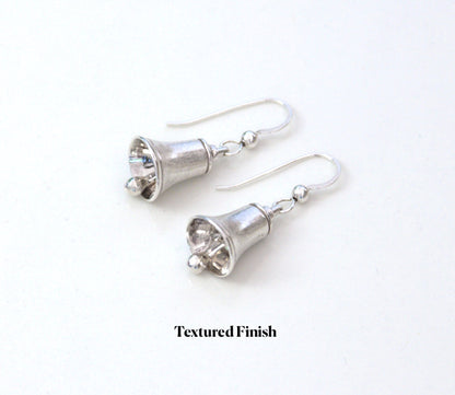 Textured finish handmade sterling silver bell earrings with moving clapper