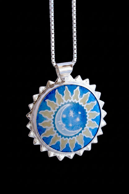 sun moon enamel pendant necklace set in fine silver