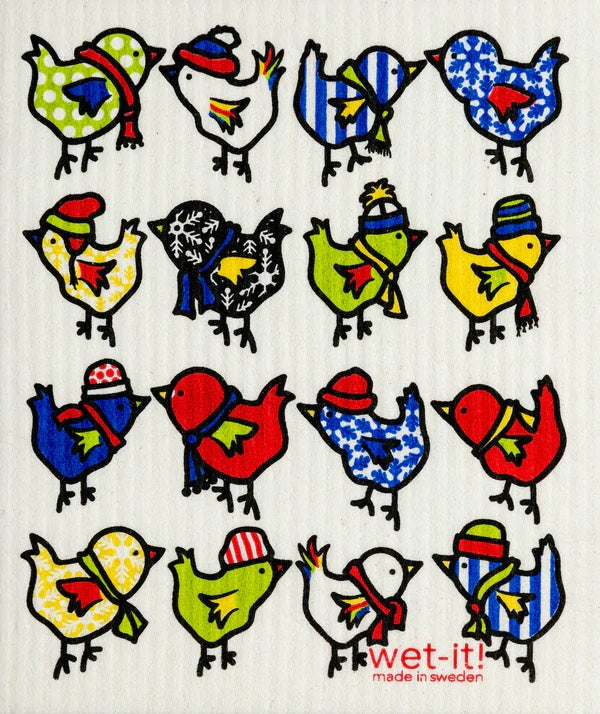 winter little chix wet it cloth with baby chickens in colorful hats and scarves